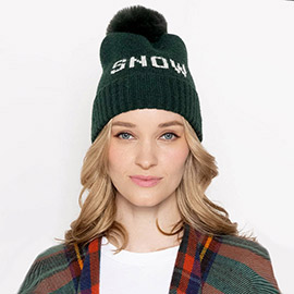 Snow Message Faux Fur Pom Pom Cable Knit Beanie Hat