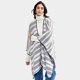 Striped Cozy Two Tone Knit Kimono Poncho