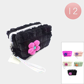 12PCS - Flower Pointed Faux Fur Wristlet Pouch Bags