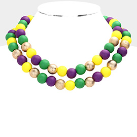 Mardi Gras Brass Metal Wood Ball Double Layered Necklace