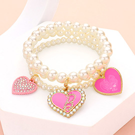 3PCS - Barbie Pink Heart B Monogram Charm Pearl Stretch Bracelets