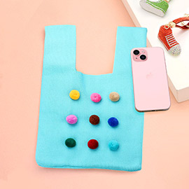 Pom Pom Embellished Knit Tote Bag