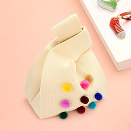 Pom Pom Embellished Knit Tote Bag