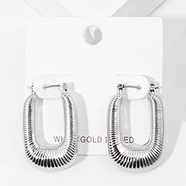 White Gold Dipped Textured Metal Rectangle Hoop Pin Catch Earrings