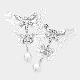 Stone Embellished Cut Out Metal Double Butterfly Pearl Link Dangle Earrings