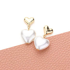 Metal Pearl Heart Link Dangle Earrings