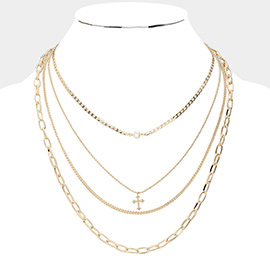 Pearl Cross Pendant Multi Layered Chain Necklace