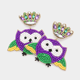 Mardi Gras Felt Back Crown Beaded Owl Dangle Earrings