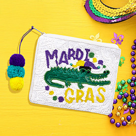 Sequin Seed Beaded Mardi Gras Message Alligator Pom Pom Mini Pouch Bag