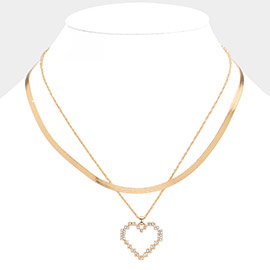 Gold Dipped Stone Paved Open Heart Pendant Snake Chain Layered Necklace