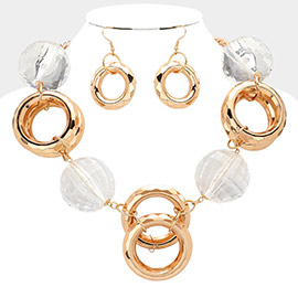 Clear Disco Ball Open Circle Metal Link Statement Necklace