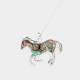 Abalone Embossed Metal Horse Pendant Necklace