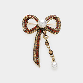 Pearl Accented Stone Paved Ribbon Pin Brooch