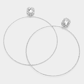 Rectangle Rhinestone Cluster Textured Metal Open Circle Dangle Earrings