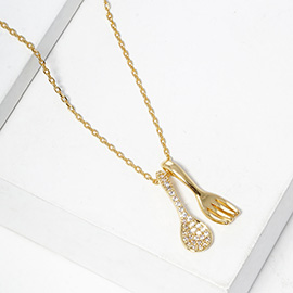 Gold Dipped Stone Paved Spoon Fork Pendant Necklace