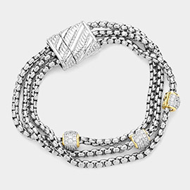 CZ Stone Paved Ball Pointed Triple Layered Metal Chain Magnetic Bracelet