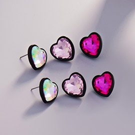 3PAIRS - Heart Stone Cluster Stud Earrings