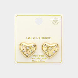 14K Gold Dipped CZ Stone Paved Puffy Heart Stud Earrings