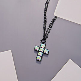 Crystal Stone Cross Pendant Toggle Necklace