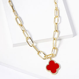 Gold Dipped Quatrefoil Pendant Paperclip Chain Necklace