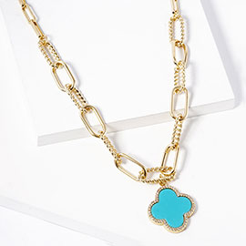 Gold Dipped Quatrefoil Pendant Paperclip Chain Necklace