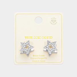 White Gold Dipped CZ Stone Paved Star Huggie Earrings