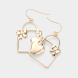 Metal Heart Ribbon Gift Box Dangle Earrings