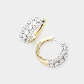 14K Gold Plated Round CZ Stone Accented Huggie Hoop Earrings