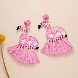 Flower Pointed Raffia Flamingo Dangle Earrings