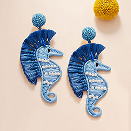 Pearl Accented Raffia Seahorse Dangle Earrings