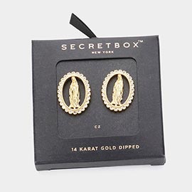 SECRET BOX_14K Gold Dipped CZ Stone Paved Virgin Mother Mary Stud Earrings