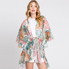 Ruffle Lined Leaves Printed Open Front Crochet Cover-Up Kimono Poncho