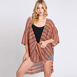 Multi Color Stripe Crochet Open Front Cover-Up Kimono Poncho
