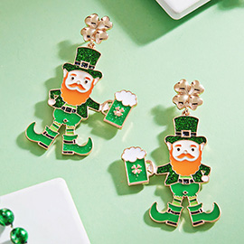 St Patricks Day Enamel Leprechaun Dangle Earrings