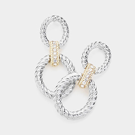 Two Tone Stone Paved Link Textured Oval link Earrings 