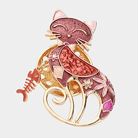 Flower Fishbone Pointed Colored Metal Cat Magnetic Brooch
