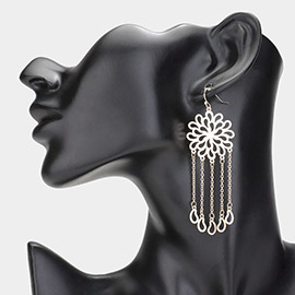 Metal Cut Out Flower Open Teardrop Tip Chain Fringe Dangle Earrings