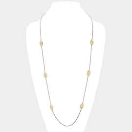 14K Gold Plated Two Tone Stone Paved Oval Pendant Station Long Necklace