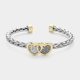 CZ Stone Paved Double Heart Pointed Textured Metal Cuff Bracelet