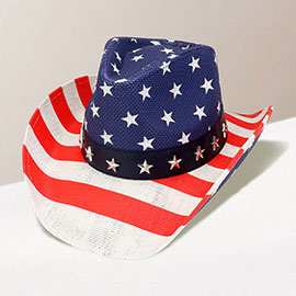 American USA Flag Star Stud Faux Leather Band Straw Cowboy Hat