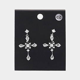 CZ Stone Cross Pendant Dangle Earrings