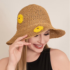 Raffia Flower Pointed Bucket Hat