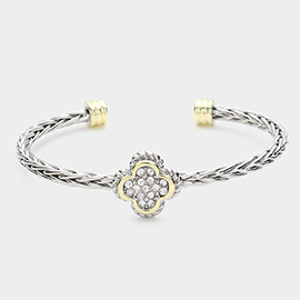 Stone Paved Quatrefoil Pointed Two Tone Braided Metal Cuff Bracelet