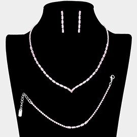 3PCS - Chevron Accented Rectangle Stone Necklace Jewelry Set