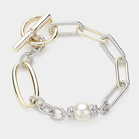 14K Gold Plated Pearl Pointed CZ Stone Paved Link Toggle Bracelet
