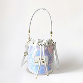 Faux Leather THE CUTE BAG Message Sequin Crossbody Bucket Bag