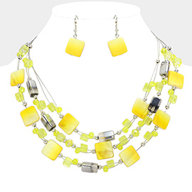 Marbled Square Bead Accented Triple Layered Bib Necklace