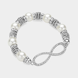 Stone Paved Infinity Pointed Pearl Stretch Bracelet