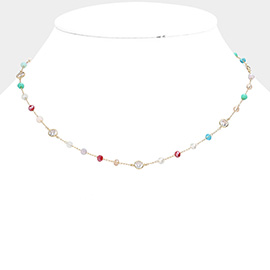 Round Bead Clear Bezel Station Necklace