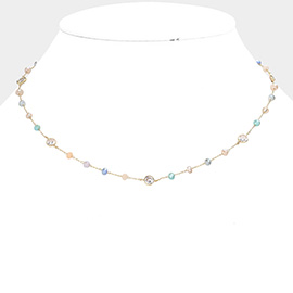 Round Bead Clear Bezel Station Necklace